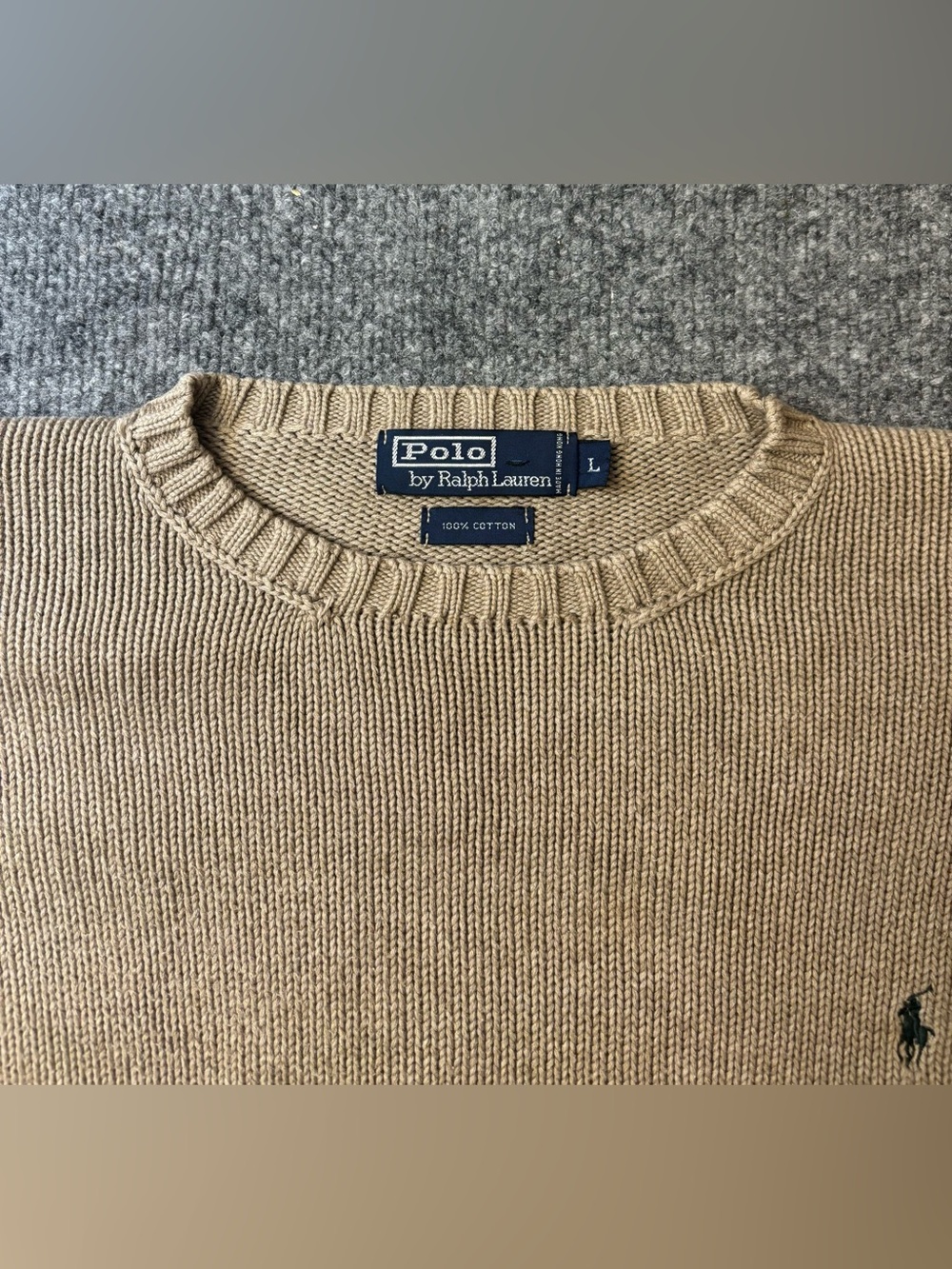 Vintage Polo Ralph Lauren 100% Cotton Crewneck Sweater Tan Men’s Sz L - Picture 2 of 8